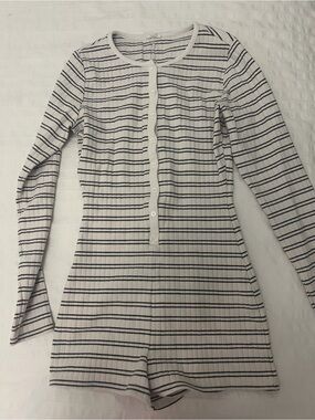 Garage White and Black Striped Ribbed Long Sleeve Romper